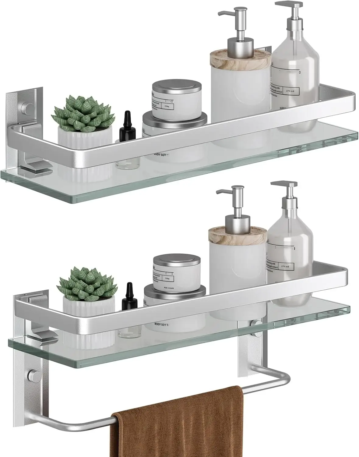 

Wall Mounted Clear Tempered Glass Shelf with Towel Bar, Hand Towel Holder in Matte Silver for Bathroom Organization