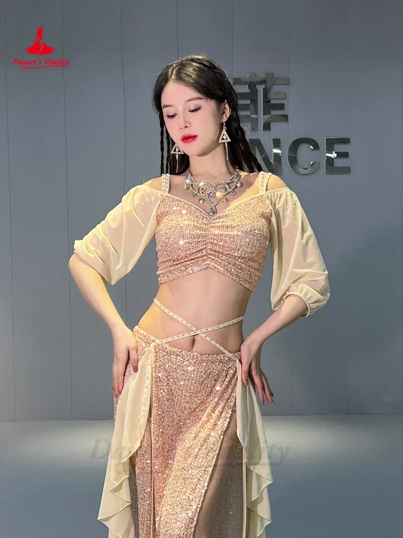 Traje de dança do ventre para mulheres, manga curta superior, saia longa dividida, roupa profissional oriental, roupa de dança, 2 peças