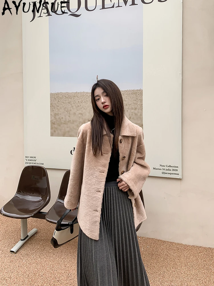 

AYUNSUE 2025 New Shearling Coat Woman Mid Length 100% Natural Wool Coats for Woman Clothing Fashion Outerwears Abrigo Mujer