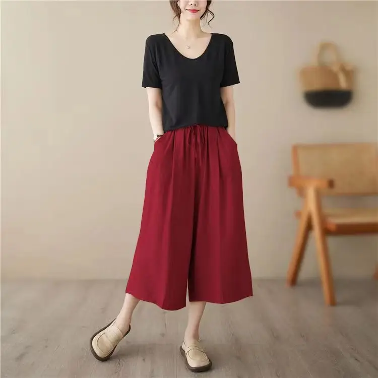 Losse wijde pijpen zeven voet katoen linnen plus size casual broek dames kleur string afslanken hoge taille woon-werkverkeer Sle