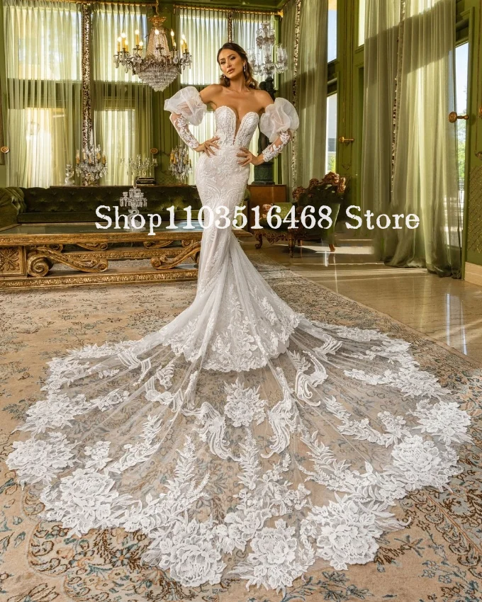 

Elegant Wedding Dress 2024 Luxury Sweetheart Neck White Applique Mermaid Bridal Long Bubble Sleeve Customised Long Bridal Dress