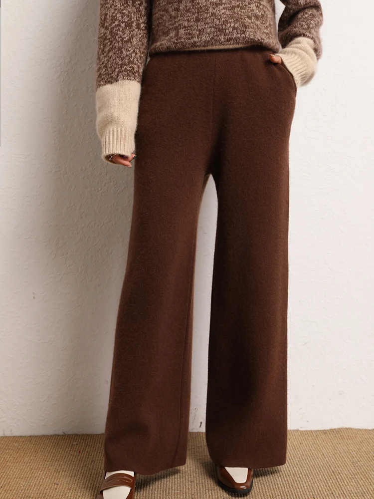 

Luxury Thick Pants Women's Cashmere Wide Leg Pants Autumn Winter 10 Colors Trousers Drooping Casual Pants 100% Cashmere Knitwear