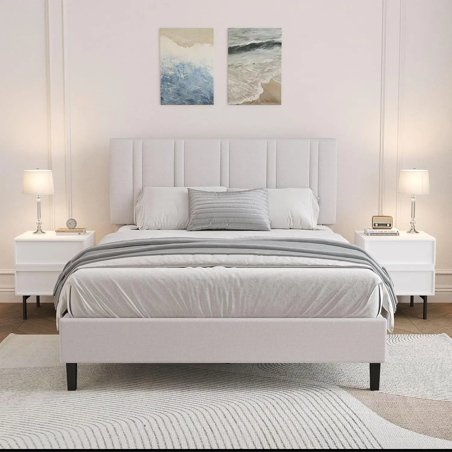 Linen Upholstered Full Bed Frame with Adjustable Headboard, Heavy Duty Wood Slats, Noise-Free, No Box Spring, Customized