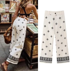 TEELYNN Vintage Ethnic Floral Embroidery Wide Leg Pants for Women Casual High Waist Linen Cotton Pant Summer Boho Beach Trousers