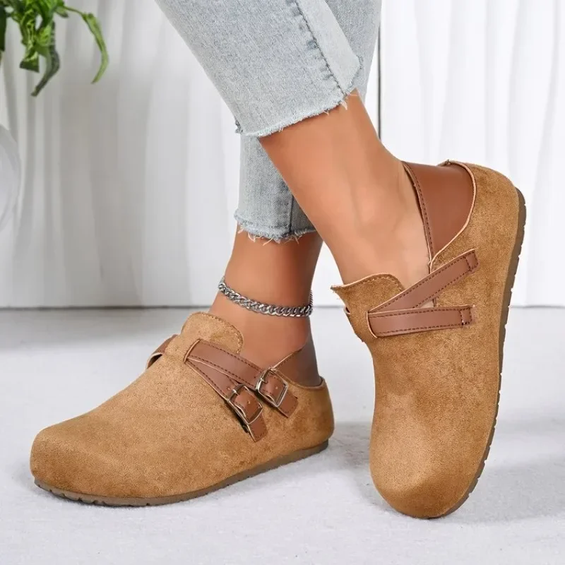 Double Buckle Women Two Ways Wear Mules Clogs Closed Toe Backless Slip on Slides Arch Support Flat Casual Shoes Outdoor Walking