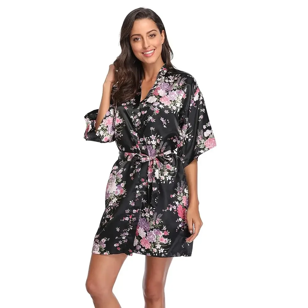 

Women's Floral Satin Robes Short Kimono Bathrobe Bride Bridesmaid Robe Silky Sleepwear Bridal Party Dressing Gown