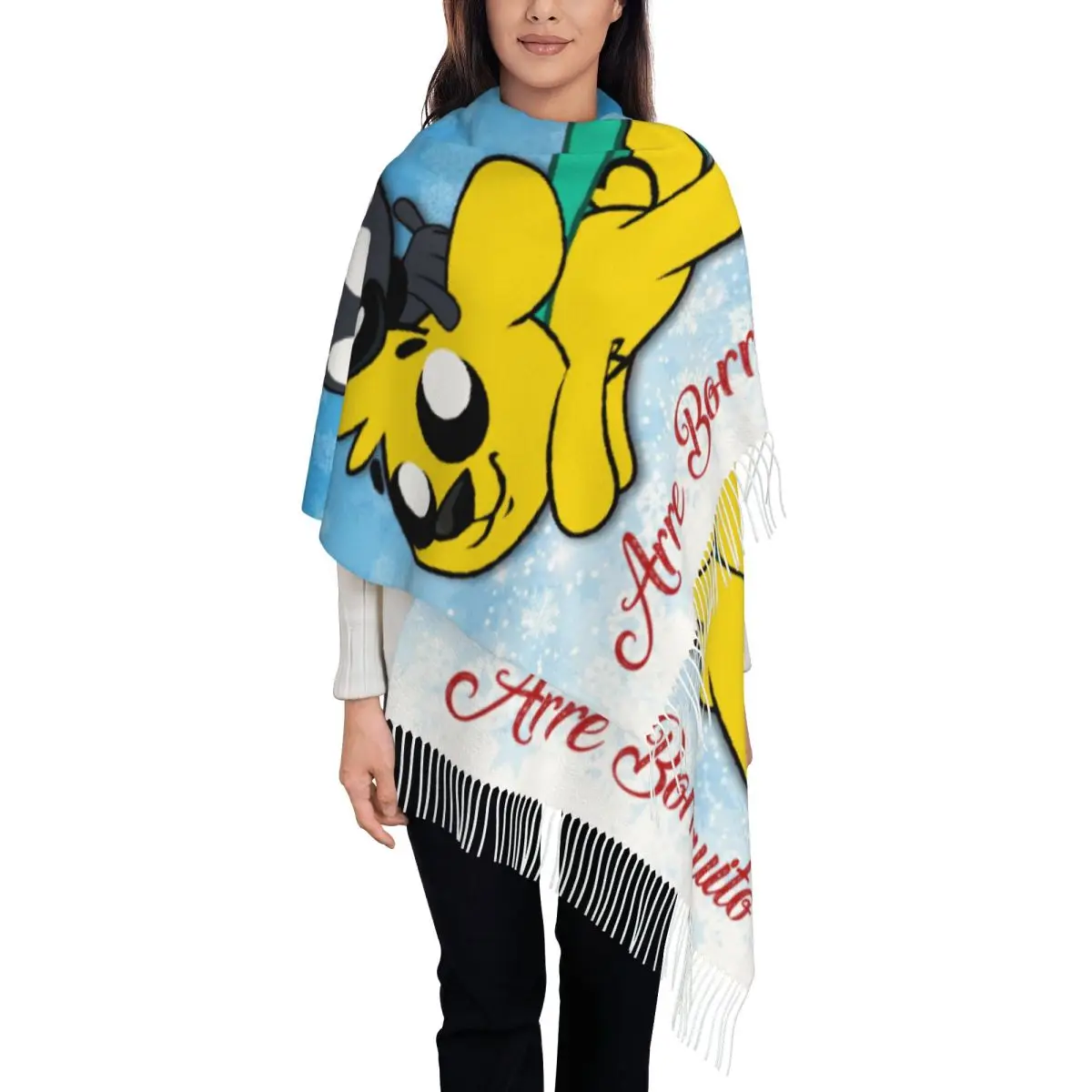 Custom Lady Large Mikecrack Hugs Gold Scarves Women Winter Soft Warm Tassel Shawl Wrap Cartoon Anime Scarf