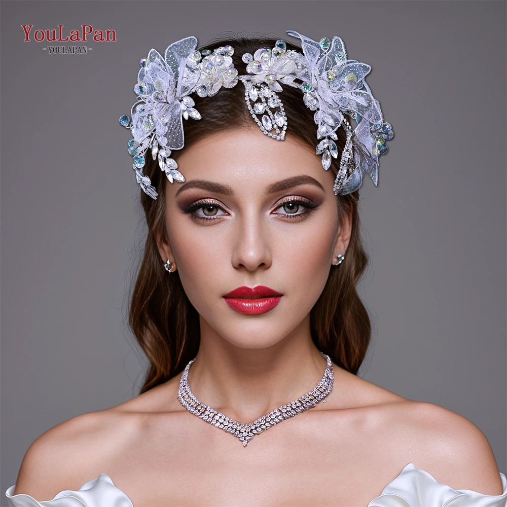 

YouLaPan Wedding Flower Hair Accessories Shiny Rhinestone Leaf Bride Headband Colorful Crystal Headwear For Girl Bride HP712