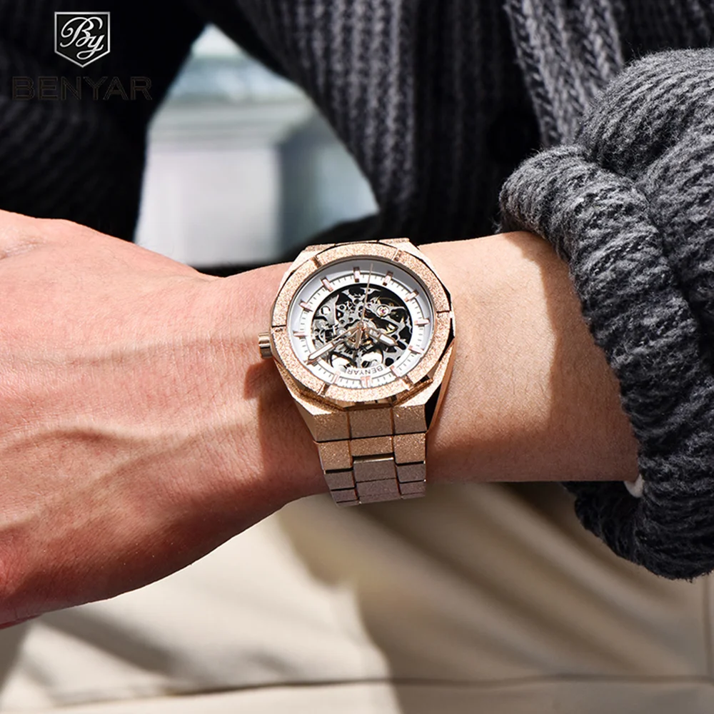 BEYAR 2025 41MM NEW hollow design luxury men automatic mechanical watches stainless steel sports clock Reloj Hombre BY-5212