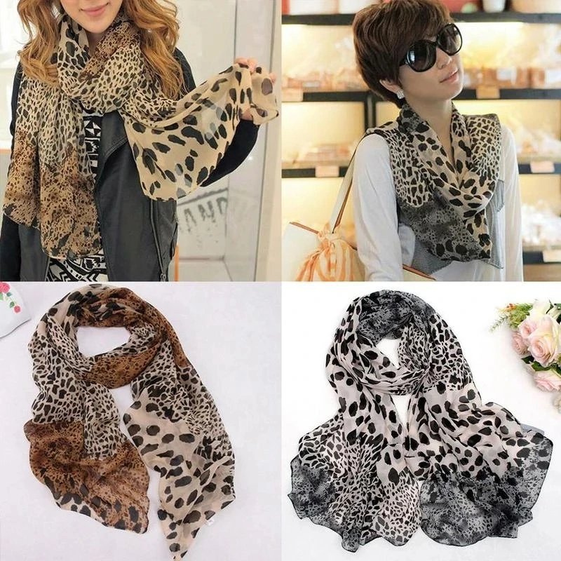 Summer Beach Mulim Women Long Soft Wrap Lady Shawl Silk Chiffon Skull Scarves Leopard Print Shawl All-match Lady Soft Scarf