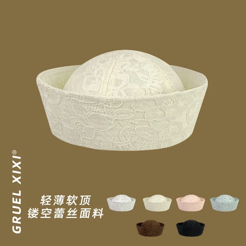 Niche Elegant Lace Hollow Sailor Hat Spring and Summer Korean Version Curled Breathable Painter Cap Versatile Women's Berets