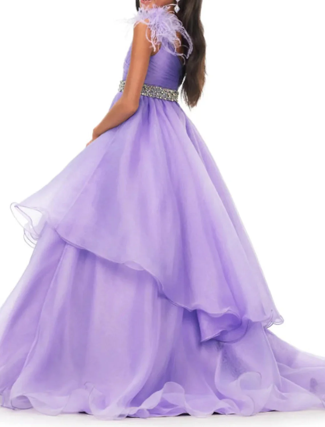 Robe de Bal de Princesse pour Bol de 3 à 16 Ans, Tenue de Première Communion, Balayage/Traîne en Brosse, Plumes/Fourrure à Plusieurs Niveaux