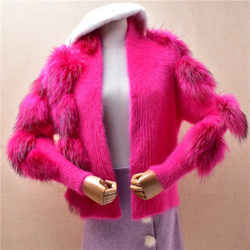 

Женская одежда Pull Rose Femme, волосатый плюшевый норковый кашемировый вязаный декор из лисьего меха, короткий стильный свободный кардиган, мантия, свитер