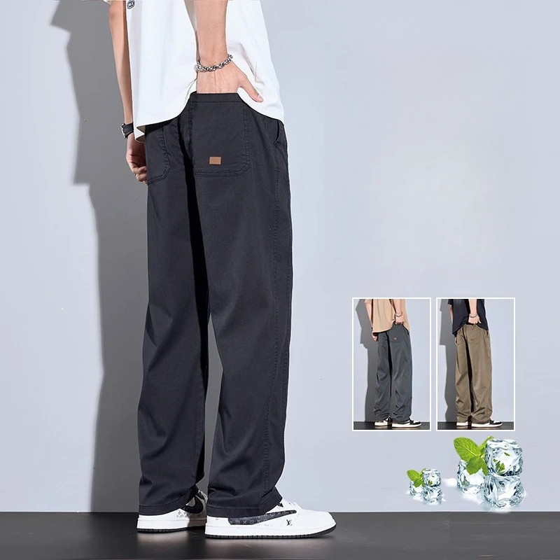 

Men's Ice Silk Cargo Pants American New Lyocell Thin Business Casual Trousers Outdoor Y2K All Match Loose Straight Wide Leg Pant