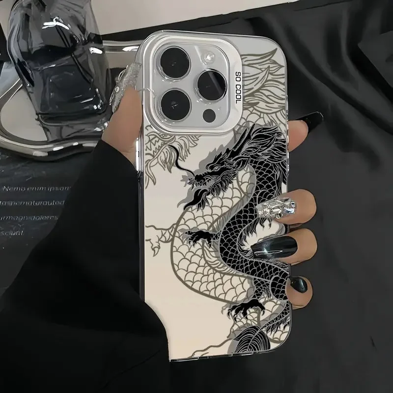 Luxury Cool Black Mysterious Dragon Case For iPhone 15 Pro Max 15 14 13 12 11 Pro XR XS 7 8 Plus Lens Protect Plating Covers