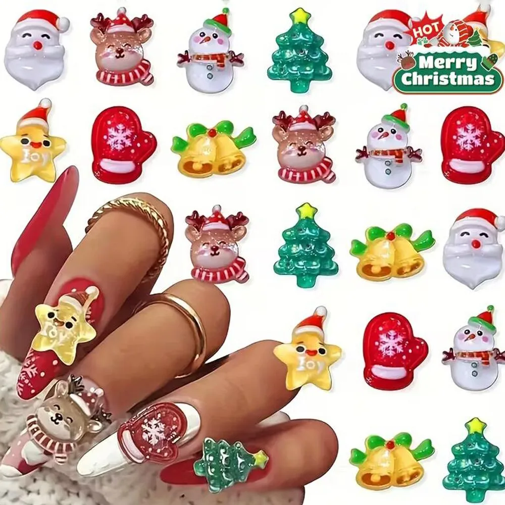 30/50PCS 3D Cartoon Resin Christmas Series Nail Charms Kawaii Snowman Santa Claus Xmas Tree Rhinestones Festival Nail Supplies