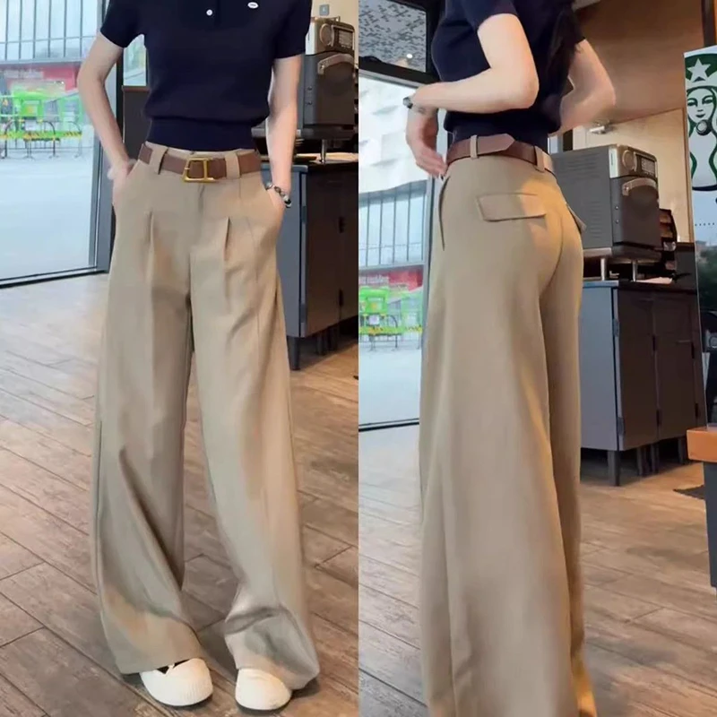 2025 outono novo high-end casual com cinto calças de perna larga mulheres cintura alta e sensação caída calças de perna reta