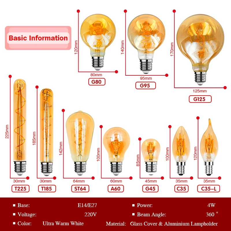 1-10pcs E27 E14 LED Bulb AC 220V Vintage Spiral LED Filament Light Bulb C35 A60 T45 ST64 T185 T225 G45 G80 G95 4W Edison Lamp