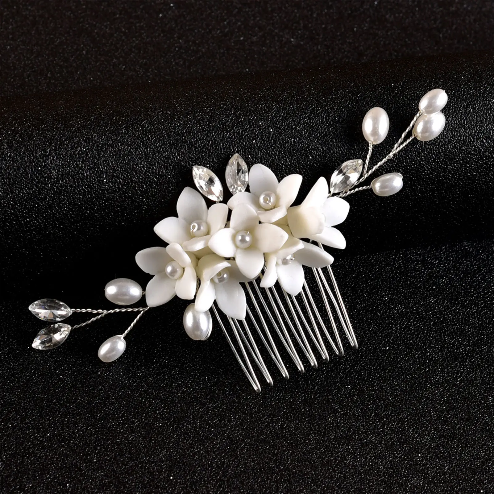 Mini White Ceramic Flower Hair Combs Simple Pearls Side Clips Bride Wedding Headdress Elegant Hairpins Hair Jewelry for Women
