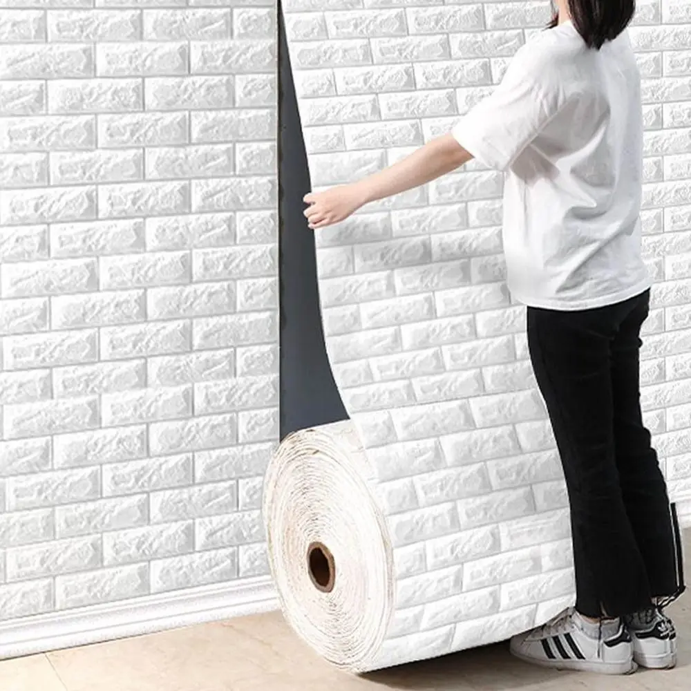 

70 см x 1 м 3d пенопластовые самоклеящиеся обои в рулоне, белый кирпич, трехмерная настенная панель, сделай сам, декор для гостиной, водонепроницаемая бумага