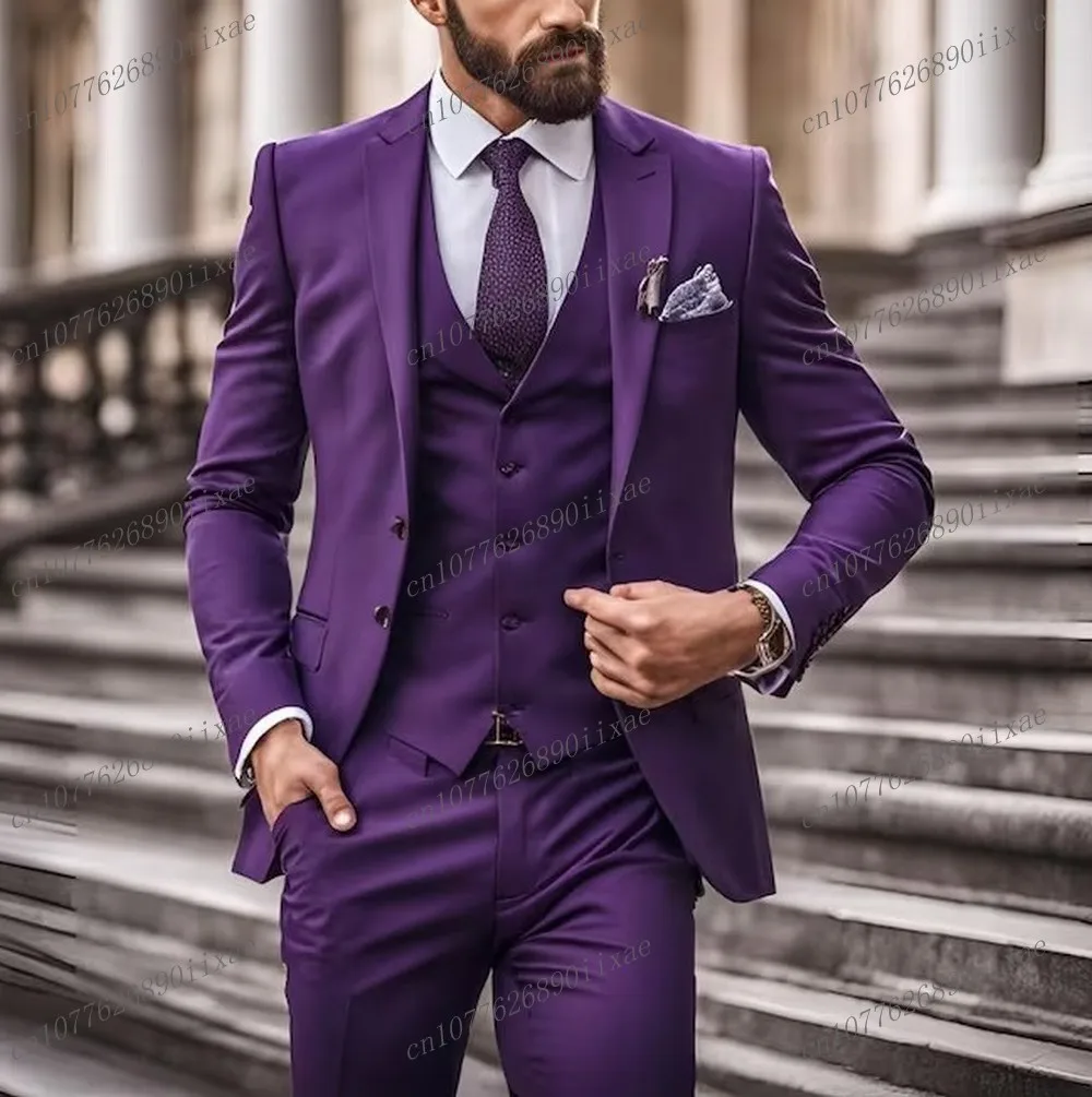 

High Quality Purple Men Suit Groom Groomsman Wedding Party Prom Business Formal Male Tuxedos 3 Piece Set Blazer Vest Pants