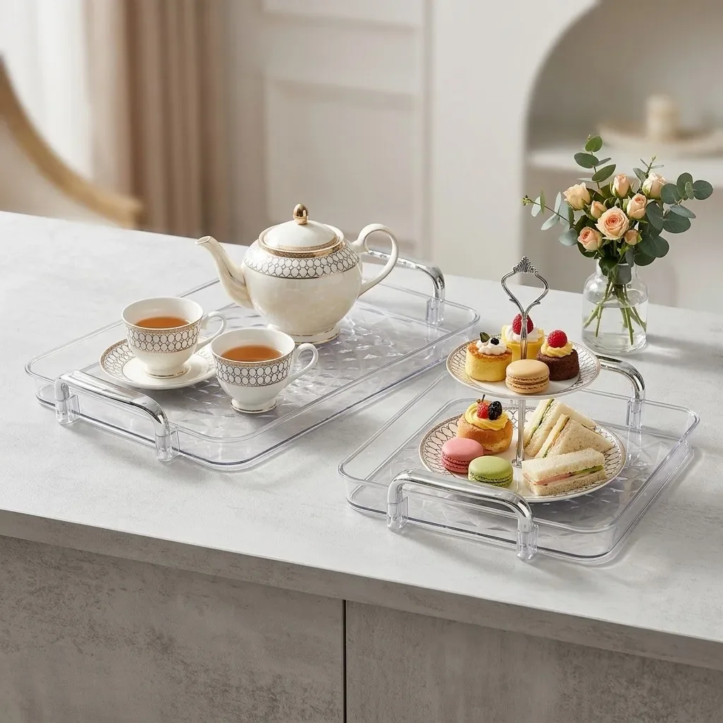 Clear Rectangular Plastic Serving Tray with Handles Stackable Decorative Tea Food Trays for Eating Table Plates Dishes Tableware