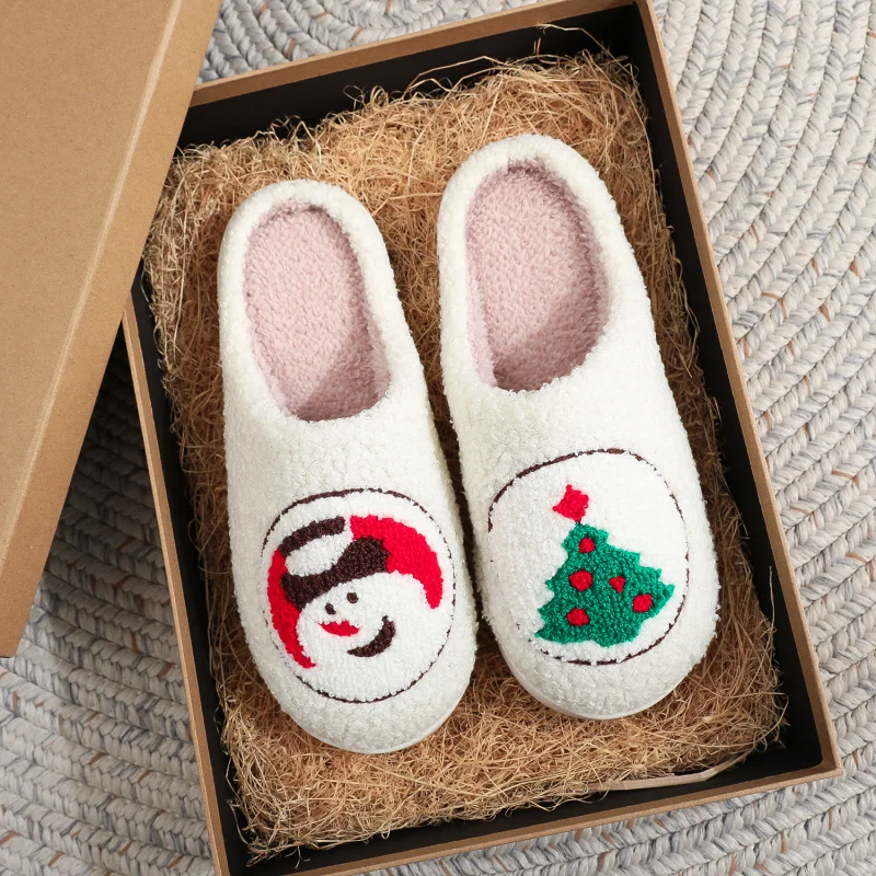 Bonhomme de neige de noël, pantoufles Design d'arbre en pain d'épice, chaussures d'intérieur chaudes en peluche avec semelle antidérapante, cadeaux festifs d'hiver pour la famille
