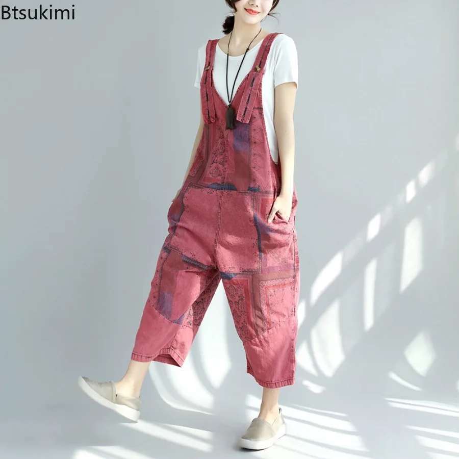 

Весенние новые женские комбинезоны с принтом в стиле ретро, трендовые свободные повседневные широкие джинсовые брюки с ремешками, уличные мешковатые джинсы, женские брюки