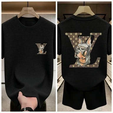 

Men's Cartoon Rabbit Print 2 Piece Outfit Waffle Knit Short Sleeve T-shirt & Shorts Set Luxury Style Casual Streetwear Tracksuit