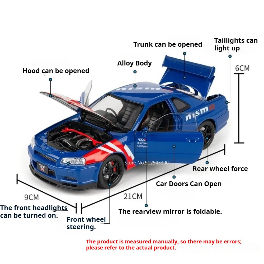 Escala 1:24 GTR coche modelo de juguete sonido luz tirar hacia atrás puertas abiertas absorción de impacto coches deportivos Metal modelos fundidos juguetes para niños