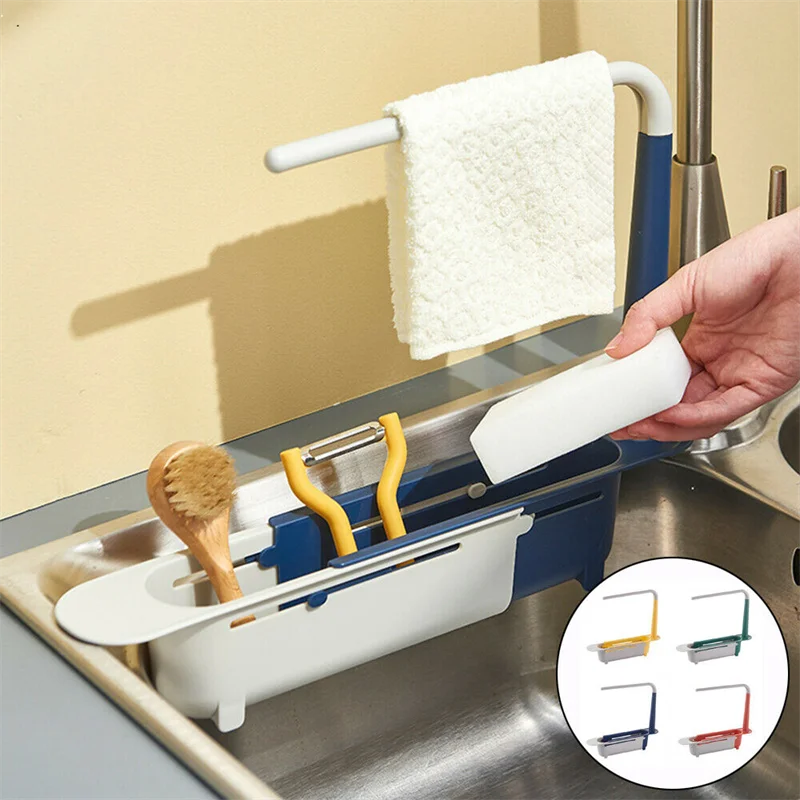 Adjustable 2-In-1 Telescopic Sink Storage Basket Rack Tidy Holder Sponge Rag Towel Racks Strainer For Kitchen Tools