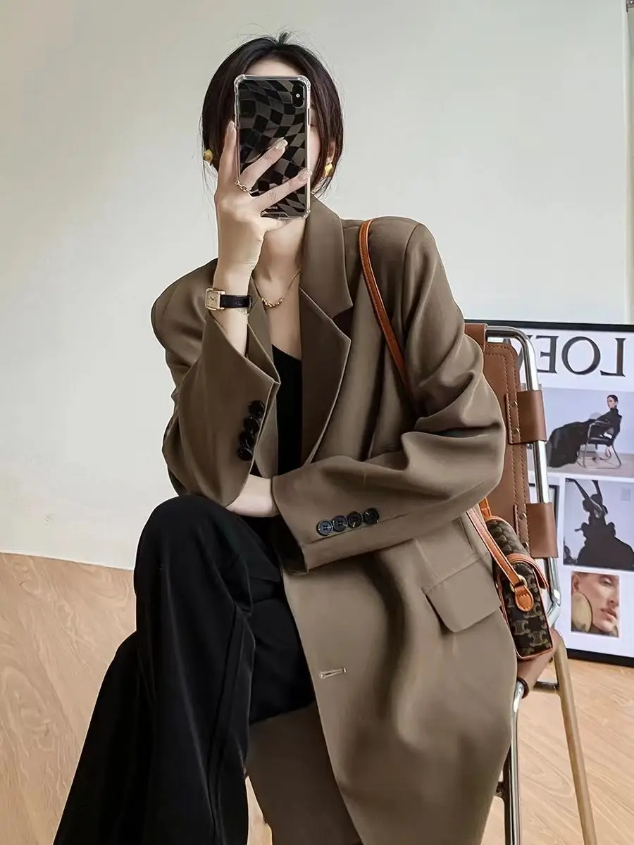 Long Blazers Women Loose England Style Cool Mature Chic Solid Temperament Outerwear Office Lady New Autumn All-match Fashionable