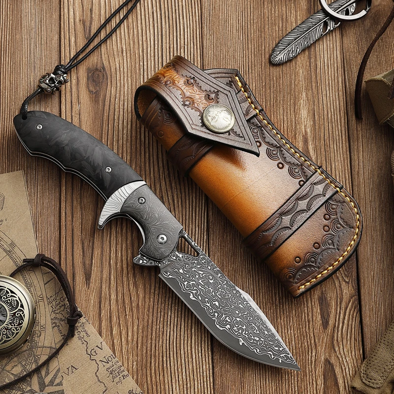 VG10 Damascus Steel Blade Folding Knife Carbon Fibre Handle Outdoor Camping Hunting Tactical Knife Survival EDC Hand Tools