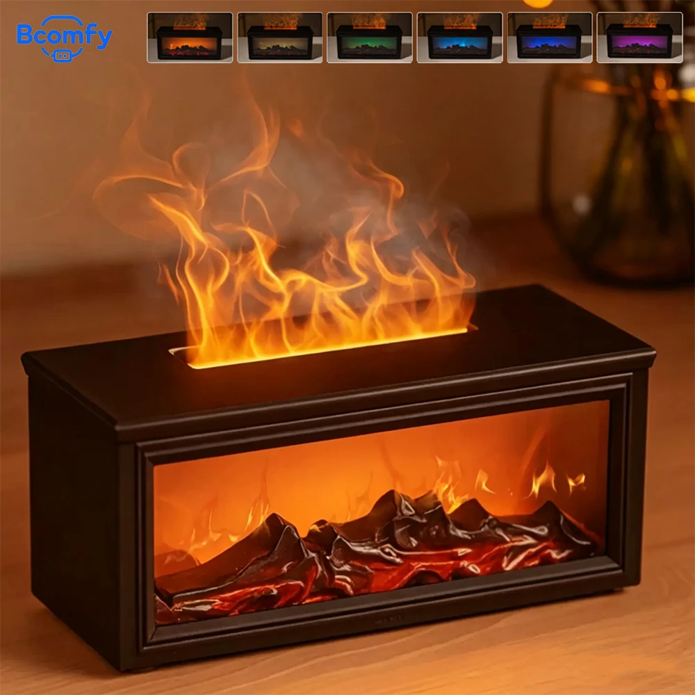 Mini Air Humidifier Fireplace Aroma Essential Oil Diffuser Home Bedroom Colorful Flame Cool Mist Maker with Timer Remote Control
