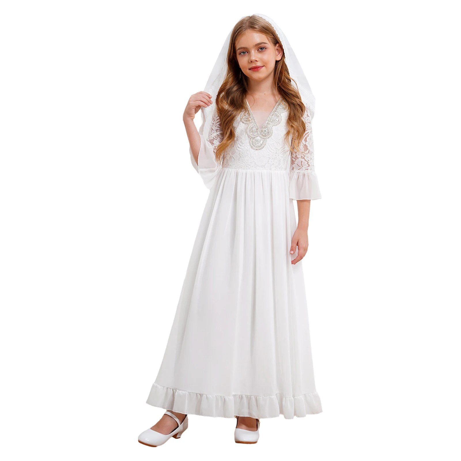 Flower Girl Dress White Floral Lace Sleeve Ruffled Trim Maxi Dress Gown for Bridesmaid Evenings Birthday Wedding Party Vestidos