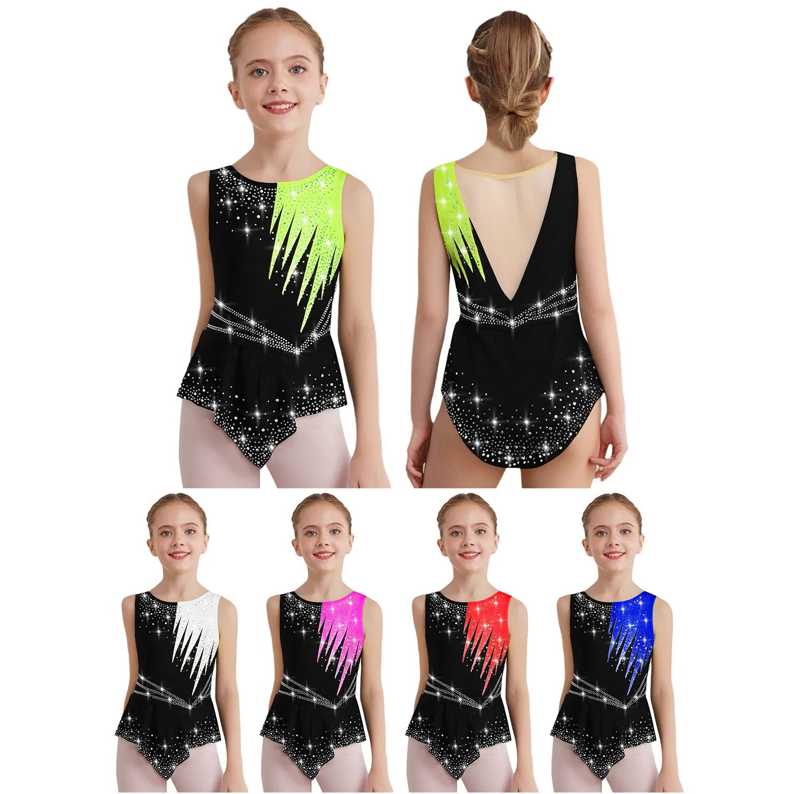 Justaucorps de gymnastique rythmique sans manches pour filles, strass brillants, body de Ballet, valse, Costume de spectacle de compétition latine
