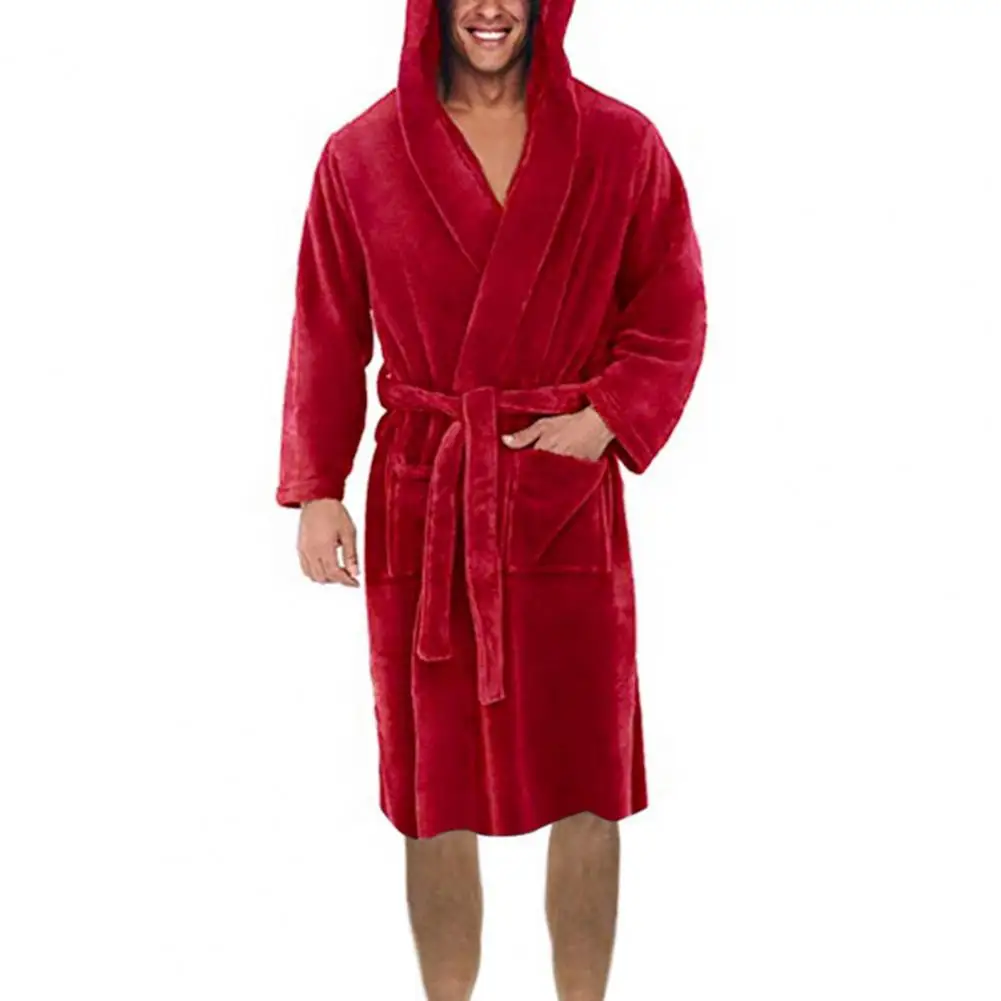 Attractive Men Bathrobe Ankle Length Fleece Nightgown Solid Color Fall Winter Fleece Warm Long Robe Pajamas  Anti-freeze