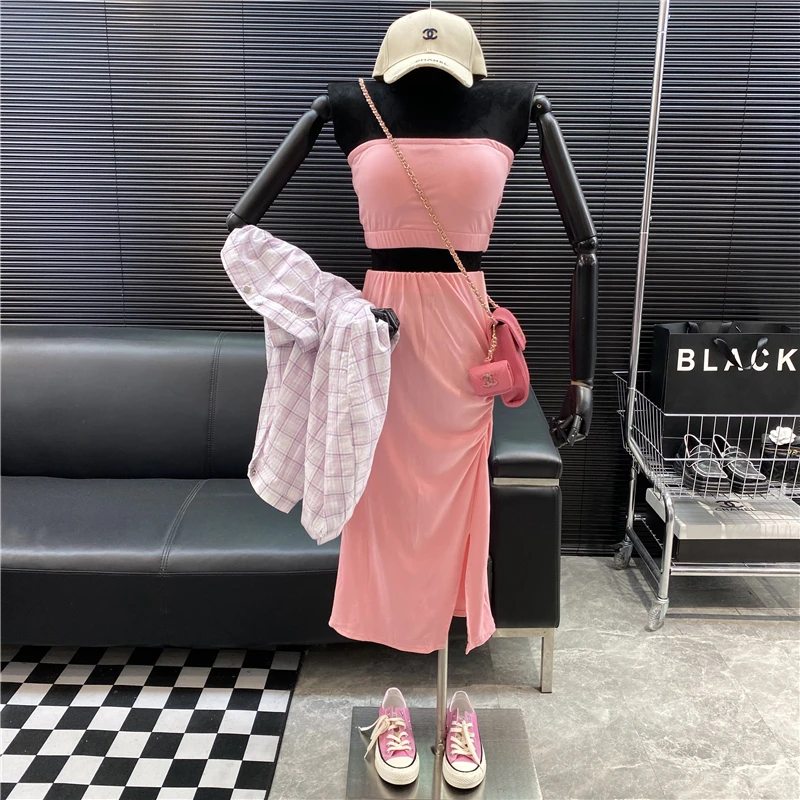 

New 2022 Designer new style Famous brand Versatile Slim short Padded Wrap chest Top Pleated Forked High waist skirt suit