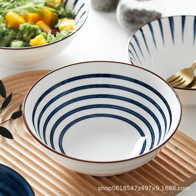 Japanese Ceramic Noodle Soup Large Bowl Household Beef Noodle Rice Bowl Retro Fruit Salad Tableware Kitchen Restaurant Hot