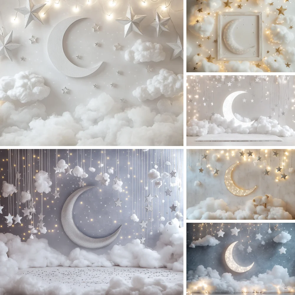 

Happy Birthday Photography Backdrop Newborn Party Moon Clouds Background Dreamy Kids Portrait Cake Smash Photo Banner Studio
