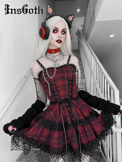 InsGoth Gothic Plaid Red Prom Slip Dress Eyelet Lace Trim Double Cake Dress Vintage Sleeveless Backless Strap Zipper Mini Dress
