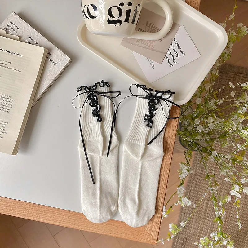 Amarrar meias femininas rendas fofas japonesas meia panturrilha verão meias finas e elegantes