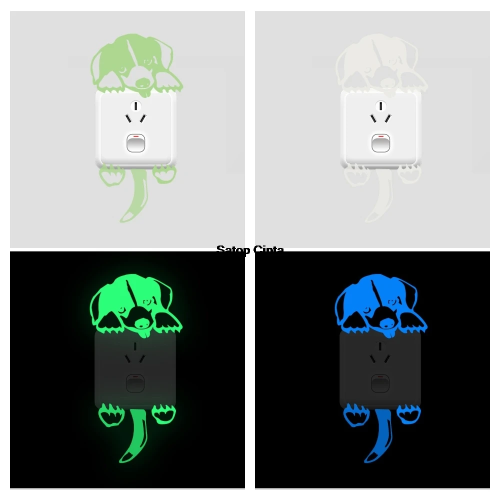1Pcs Glow in The Dark Dog Light Switch Sticker Cute Tongue Out Puppy Blue Green Pink Wall Decal Luminous Decals For Kids Bedroom