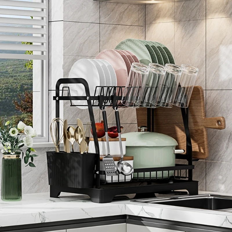 

2-Tier Dish Drying Rack Kitchen Countertop Storage Rack with Cups Utensil Cutting Board Holder Kitchen Organizer Drainer