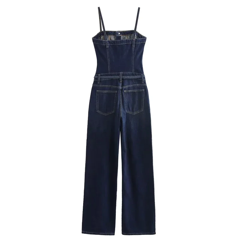 TRAF Off Shoulder Sleeveless Jumpsuit Denim Slip Long Jumpsuits For Women With Belt Backless Slim Overalls Fashion Jumpsuit 2024