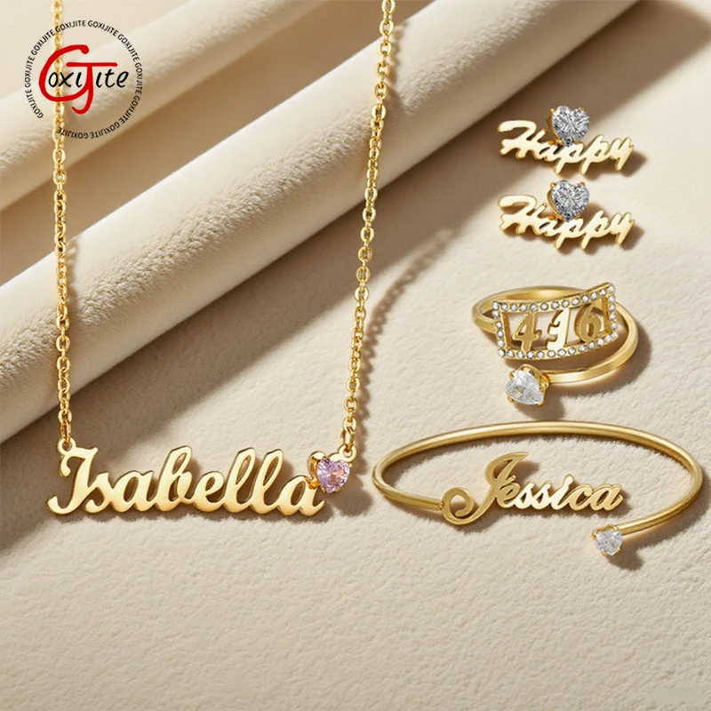 

Goxijite Customized Name Heart Birthstone Necklace Jewelry Set Stainless Steel Personalized Earrings Ring Women Jewelry Gift