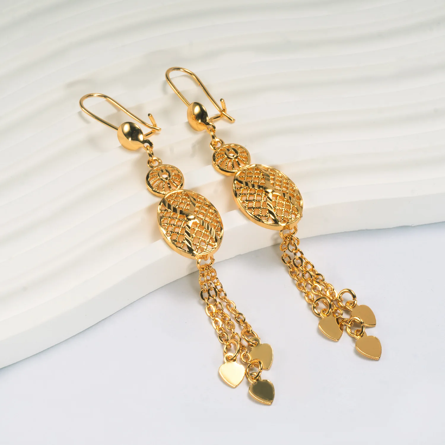 9999 gold geometric fringed earrings for ladies, round oval ear pendants, retro style