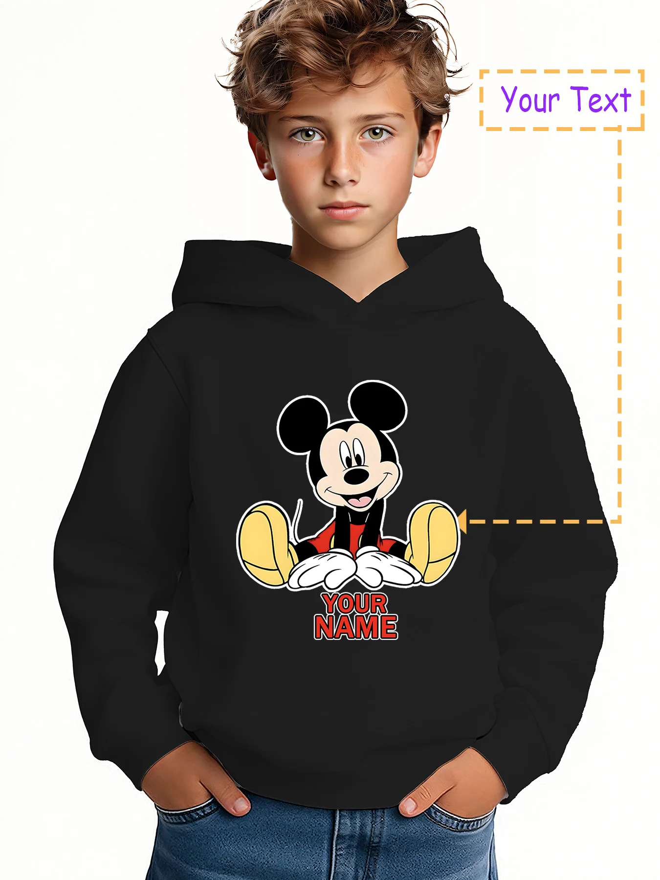 

MINISO Cute Mickey Mouse Sit-Up Hoodie for Boys - Featuring a playful Mickey Mouse sitting up graphic, this hoodie exudes childl