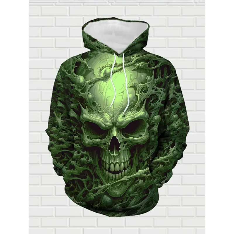 Dark Fluorescent Green Skull Hoodie 2 Piece Set Men Autumn Winter New Outdoor Streetwear Casual Sweatshirt Pants Tracksuit view 3