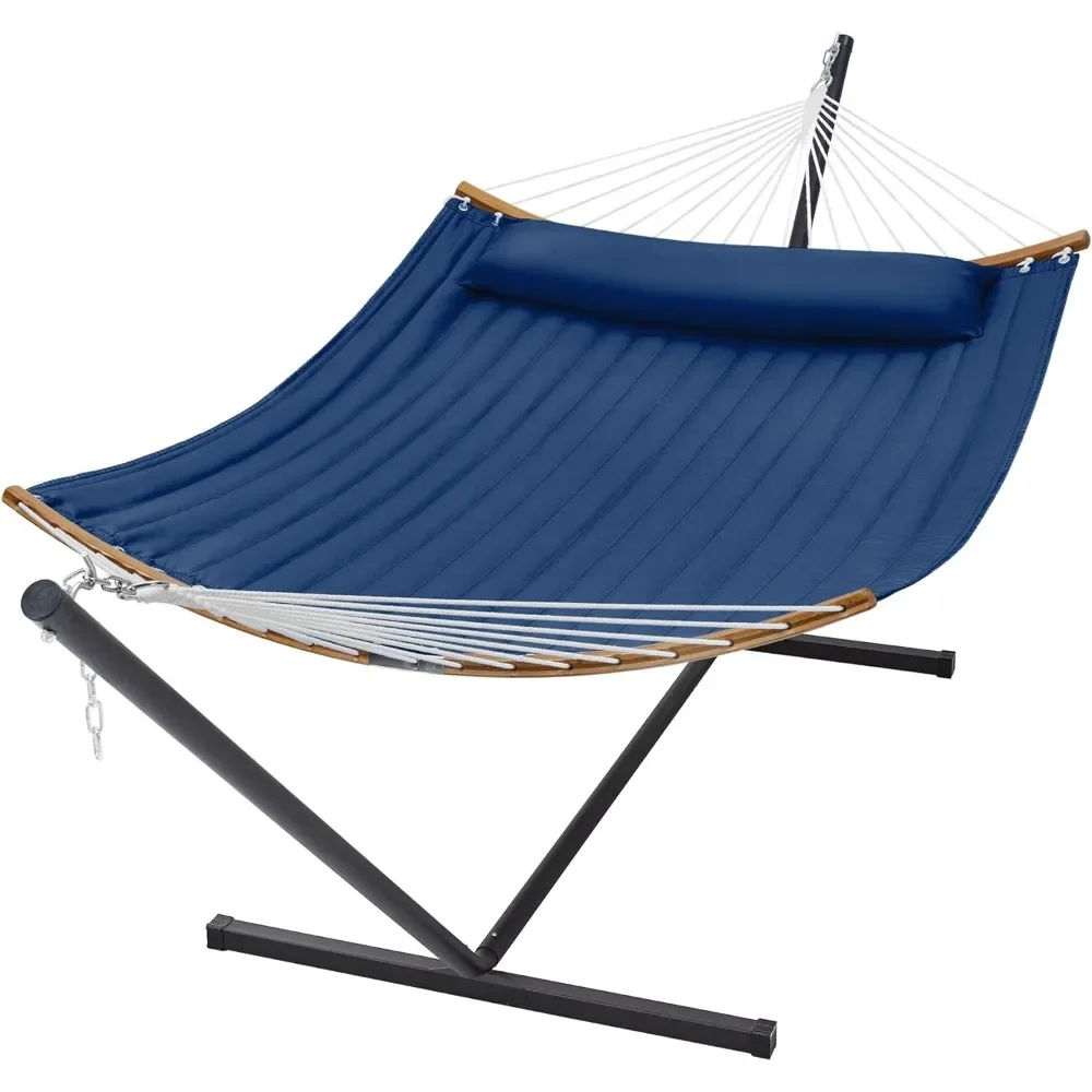 Curved-Bar Hammock with Stand, 2 Person Heavy Duty Hammock Frame, Detachable Pillow, Navy Blue Hammock